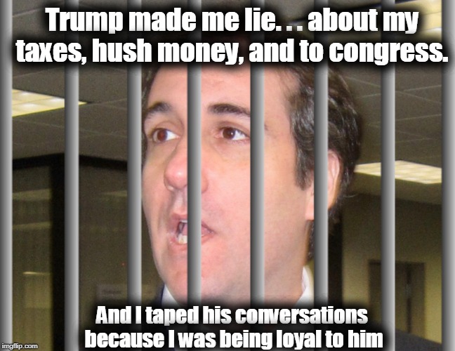 Michael Cohen's loyalty to Trump | Trump made me lie. . . about my taxes, hush money, and to congress. And I taped his conversations because I was being loyal to him | image tagged in michael cohen,donald trump,stormy daniels | made w/ Imgflip meme maker
