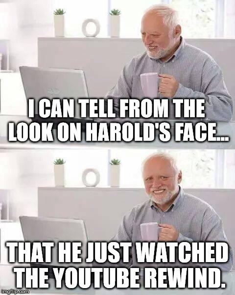 WHHYYY | I CAN TELL FROM THE LOOK ON HAROLD'S FACE... THAT HE JUST WATCHED THE YOUTUBE REWIND. | image tagged in memes,hide the pain harold,youtube rewind | made w/ Imgflip meme maker