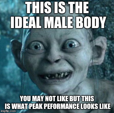 Gollum | THIS IS THE IDEAL MALE BODY; YOU MAY NOT LIKE BUT THIS IS WHAT PEAK PEFORMANCE LOOKS LIKE | image tagged in memes,gollum | made w/ Imgflip meme maker