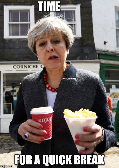 Theresa May Chips | TIME FOR A QUICK BREAK | image tagged in theresa may chips | made w/ Imgflip meme maker