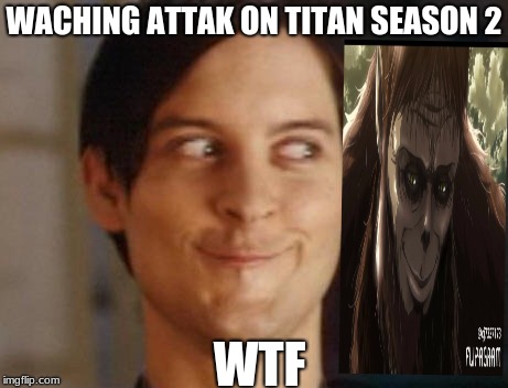 Spiderman Peter Parker | WACHING ATTAK ON TITAN SEASON 2; WTF | image tagged in memes,spiderman peter parker | made w/ Imgflip meme maker