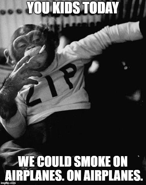They will never understand | YOU KIDS TODAY WE COULD SMOKE ON AIRPLANES. ON AIRPLANES. | image tagged in smoking monkey,memes,funny memes | made w/ Imgflip meme maker