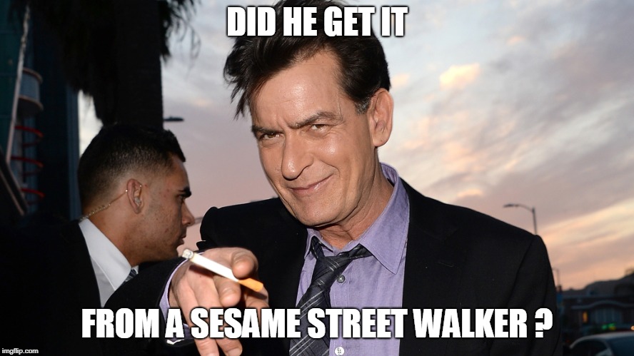 charlie sheen | DID HE GET IT FROM A SESAME STREET WALKER ? | image tagged in charlie sheen | made w/ Imgflip meme maker