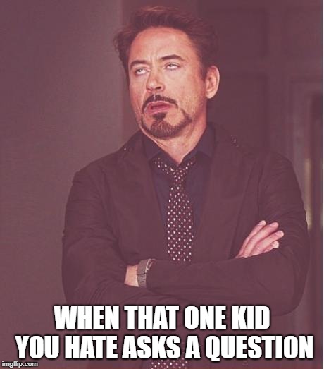 Face You Make Robert Downey Jr | WHEN THAT ONE KID YOU HATE ASKS A QUESTION | image tagged in memes,face you make robert downey jr | made w/ Imgflip meme maker