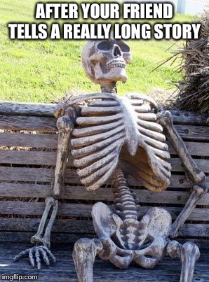 Waiting Skeleton Meme | AFTER YOUR FRIEND TELLS A REALLY LONG STORY | image tagged in memes,waiting skeleton | made w/ Imgflip meme maker