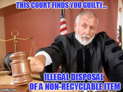 THIS COURT FINDS YOU GUILTY... ILLEGAL DISPOSAL OF A NON-RECYCLABLE ITEM | made w/ Imgflip meme maker