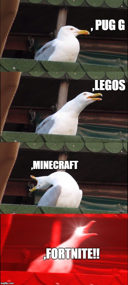 Inhaling Seagull | , PUG G; ,LEGOS; ,MINECRAFT; ,FORTNITE!! | image tagged in memes,inhaling seagull | made w/ Imgflip meme maker