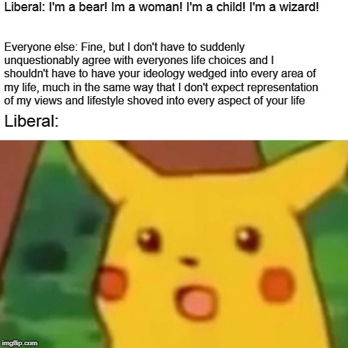 Surprised Pikachu Meme | Liberal: I'm a bear! Im a woman! I'm a child! I'm a wizard! Everyone else: Fine, but I don't have to suddenly unquestionably agree with ever | image tagged in memes,surprised pikachu | made w/ Imgflip meme maker