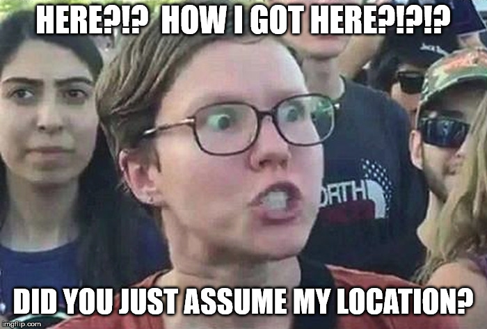Triggered Liberal | HERE?!?  HOW I GOT HERE?!?!? DID YOU JUST ASSUME MY LOCATION? | image tagged in triggered liberal | made w/ Imgflip meme maker