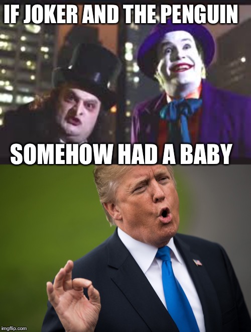 Joker and Penguin make a baby | IF JOKER AND THE PENGUIN; SOMEHOW HAD A BABY | image tagged in joker,penguin,baby,donald trump | made w/ Imgflip meme maker