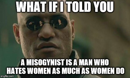 Matrix Morpheus Meme | WHAT IF I TOLD YOU; A MISOGYNIST IS A MAN WHO HATES WOMEN AS MUCH AS WOMEN DO | image tagged in memes,matrix morpheus | made w/ Imgflip meme maker