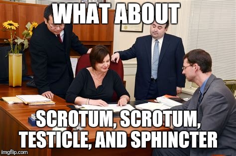 WHAT ABOUT SCROTUM, SCROTUM, TESTICLE, AND SPHINCTER | made w/ Imgflip meme maker