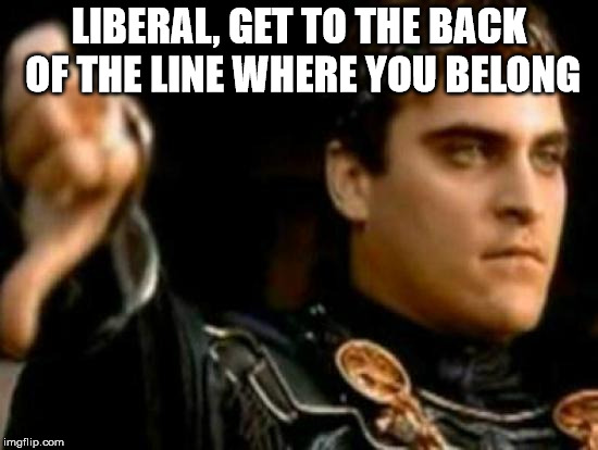 Downvoting Roman Meme | LIBERAL, GET TO THE BACK OF THE LINE WHERE YOU BELONG | image tagged in memes,downvoting roman | made w/ Imgflip meme maker