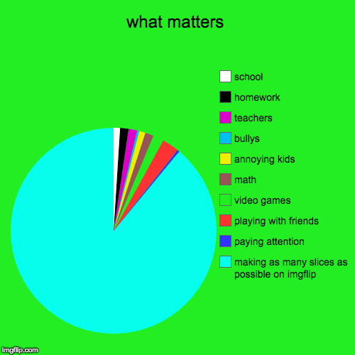 what matters | making as many slices as possible on imgflip, paying attention, playing with friends, video games, math, annoying kids, bully | image tagged in funny,pie charts | made w/ Imgflip chart maker