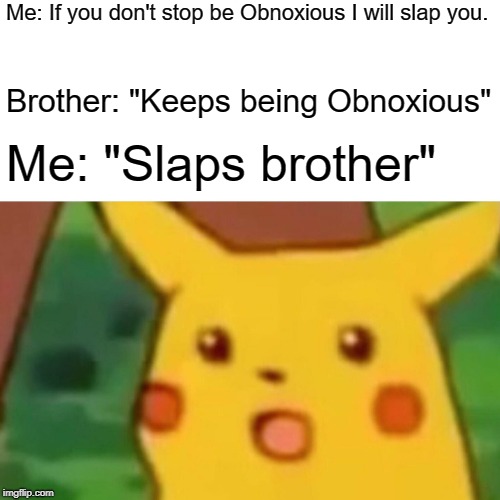 Surprised Pikachu | Me: If you don't stop be Obnoxious I will slap you. Brother: "Keeps being Obnoxious"; Me: "Slaps brother" | image tagged in memes,surprised pikachu | made w/ Imgflip meme maker
