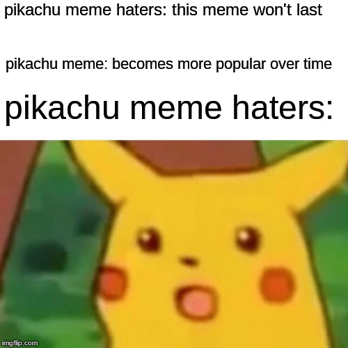 Surprised Pikachu Meme | pikachu meme haters: this meme won't last; pikachu meme: becomes more popular over time; pikachu meme haters: | image tagged in memes,surprised pikachu | made w/ Imgflip meme maker