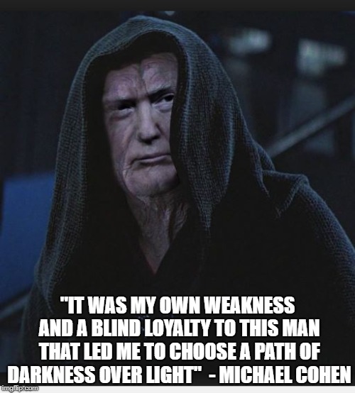Sith Lord Trump | "IT WAS MY OWN WEAKNESS AND A BLIND LOYALTY TO THIS MAN THAT LED ME TO CHOOSE A PATH OF DARKNESS OVER LIGHT"  - MICHAEL COHEN | image tagged in sith lord trump | made w/ Imgflip meme maker