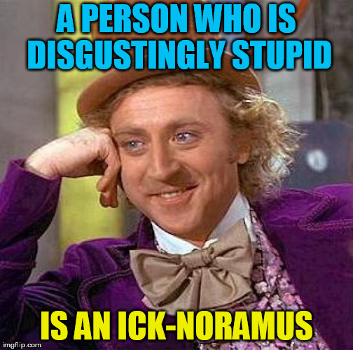 You know that guy who is just dripping with idiocy? | A PERSON WHO IS DISGUSTINGLY STUPID; IS AN ICK-NORAMUS | image tagged in memes,creepy condescending wonka | made w/ Imgflip meme maker