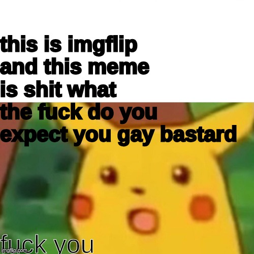 Surprised Pikachu Meme | this is imgflip and this meme is shit what the fuck do you expect you gay bastard; fuck you | image tagged in memes,surprised pikachu | made w/ Imgflip meme maker