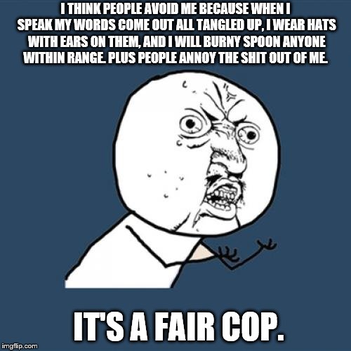 Y U No | I THINK PEOPLE AVOID ME BECAUSE WHEN I SPEAK MY WORDS COME OUT ALL TANGLED UP, I WEAR HATS WITH EARS ON THEM, AND I WILL BURNY SPOON ANYONE WITHIN RANGE. PLUS PEOPLE ANNOY THE SHIT OUT OF ME. IT'S A FAIR COP. | image tagged in memes,y u no | made w/ Imgflip meme maker