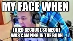 Fortnite MEME | MY FACE WHEN; I DIED BECAUSE SOMEONE WAS CAMPING IN THE BUSH | image tagged in fortnite meme | made w/ Imgflip meme maker