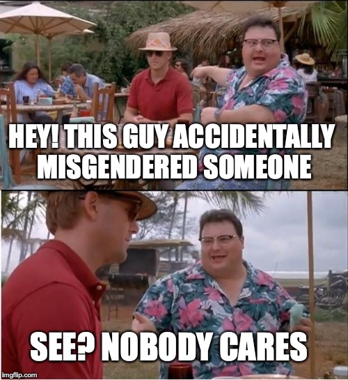 See Nobody Cares | HEY! THIS GUY ACCIDENTALLY MISGENDERED SOMEONE; SEE? NOBODY CARES | image tagged in memes,see nobody cares | made w/ Imgflip meme maker