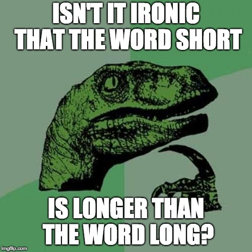 The english language just doesn't make sense | ISN'T IT IRONIC THAT THE WORD SHORT; IS LONGER THAN THE WORD LONG? | image tagged in memes,philosoraptor,english,wow,language | made w/ Imgflip meme maker