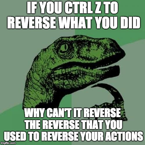 ctrl z am I right | IF YOU CTRL Z TO REVERSE WHAT YOU DID; WHY CAN'T IT REVERSE THE REVERSE THAT YOU USED TO REVERSE YOUR ACTIONS | image tagged in memes,philosoraptor,ctrl z,reverse | made w/ Imgflip meme maker