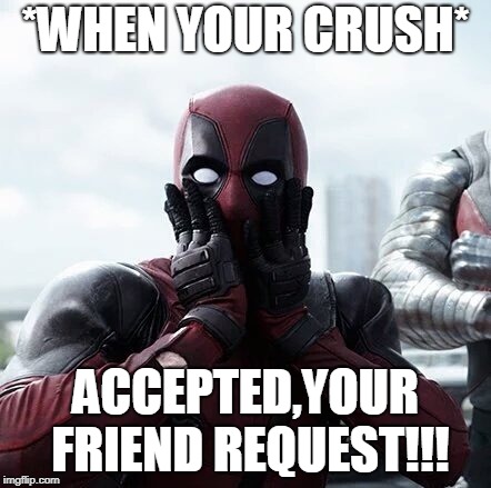 Deadpool Surprised | *WHEN YOUR CRUSH*; ACCEPTED,YOUR FRIEND REQUEST!!! | image tagged in memes,deadpool surprised | made w/ Imgflip meme maker