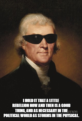 Thomas Jefferson  | I HOLD IT THAT A LITTLE REBELLION NOW AND THEN IS A GOOD THING, AND AS NECESSARY IN THE POLITICAL WORLD AS STORMS IN THE PHYSICAL. | image tagged in thomas jefferson | made w/ Imgflip meme maker