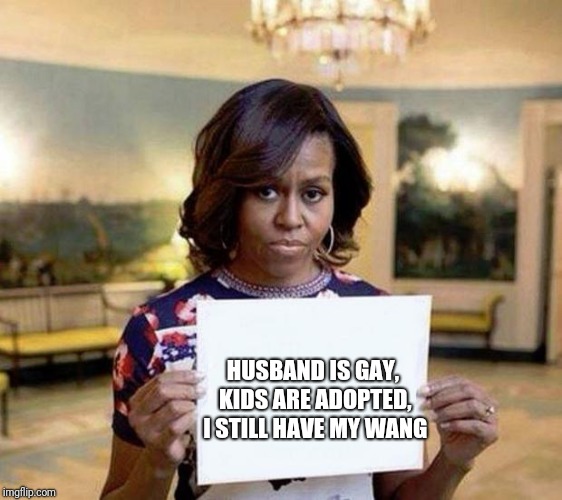 Michelle Obama blank sheet | HUSBAND IS GAY, KIDS ARE ADOPTED, I STILL HAVE MY WANG | image tagged in michelle obama blank sheet | made w/ Imgflip meme maker