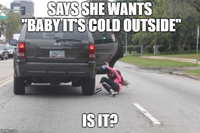 Kicked Out of Car | SAYS SHE WANTS "BABY IT'S COLD OUTSIDE" IS IT? | image tagged in kicked out of car | made w/ Imgflip meme maker