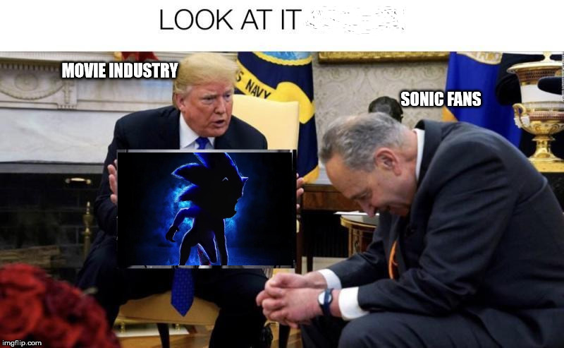 SONIC FANS; MOVIE INDUSTRY | image tagged in sonic the hedgehog,donald trump,chuck schumer | made w/ Imgflip meme maker