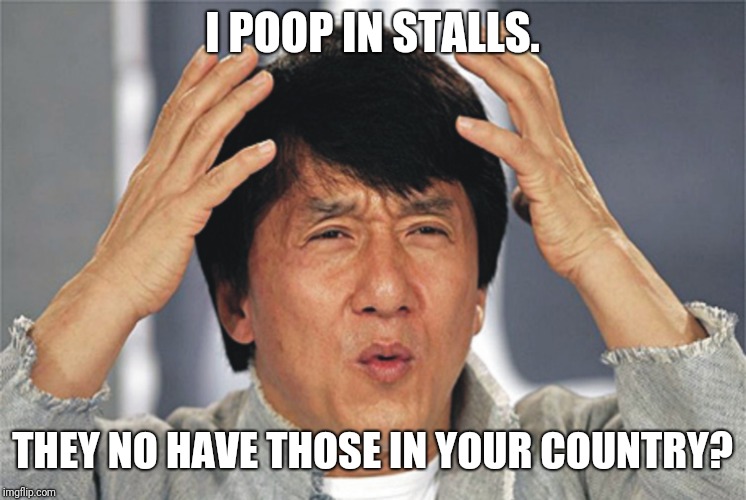 Jackie Chan Confused | I POOP IN STALLS. THEY NO HAVE THOSE IN YOUR COUNTRY? | image tagged in jackie chan confused | made w/ Imgflip meme maker