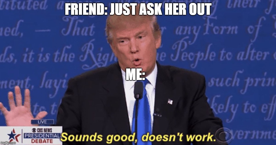 Sounds good, doesn't work. | FRIEND: JUST ASK HER OUT; ME: | image tagged in sounds good doesn't work | made w/ Imgflip meme maker