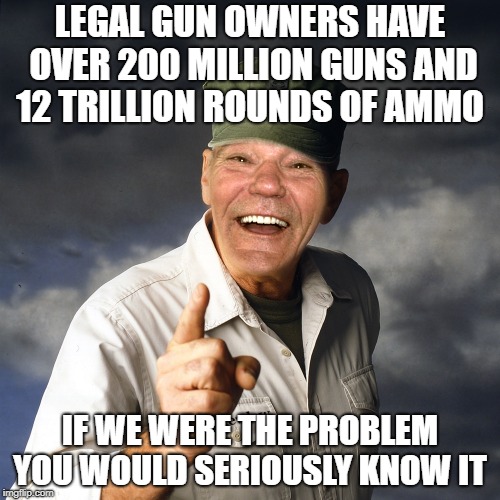who's the problem | LEGAL GUN OWNERS HAVE OVER 200 MILLION GUNS AND 12 TRILLION ROUNDS OF AMMO; IF WE WERE THE PROBLEM YOU WOULD SERIOUSLY KNOW IT | image tagged in kewlew,guns | made w/ Imgflip meme maker