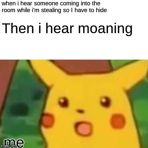Surprised Pikachu Meme | when i hear someone coming into the room while i'm stealing so I have to hide; Then i hear moaning; me | image tagged in memes,surprised pikachu | made w/ Imgflip meme maker