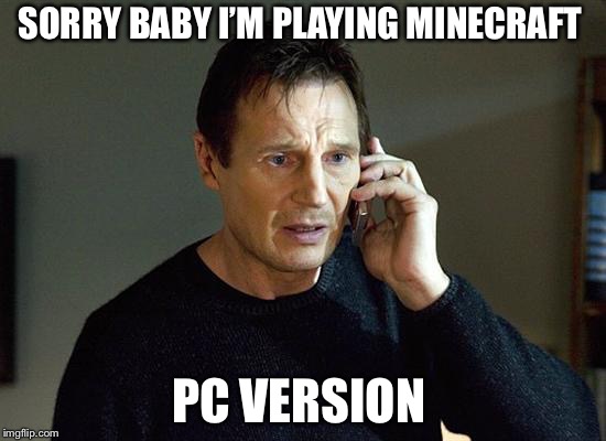 Liam Neeson Taken 2 | SORRY BABY I’M PLAYING MINECRAFT; PC VERSION | image tagged in memes,liam neeson taken 2 | made w/ Imgflip meme maker