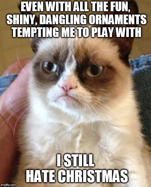 Grumpy Cat | EVEN WITH ALL THE FUN, SHINY, DANGLING ORNAMENTS TEMPTING ME TO PLAY WITH; I STILL HATE CHRISTMAS | image tagged in memes,grumpy cat | made w/ Imgflip meme maker
