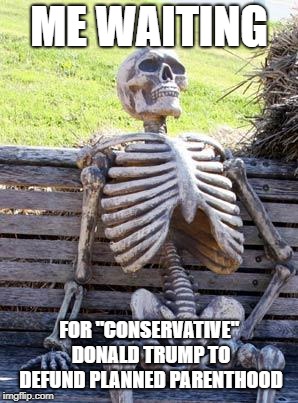 He hasn't got my support till he does that! | ME WAITING; FOR "CONSERVATIVE" DONALD TRUMP TO DEFUND PLANNED PARENTHOOD | image tagged in memes,waiting skeleton,funny,trump,planned parenthood,politics | made w/ Imgflip meme maker