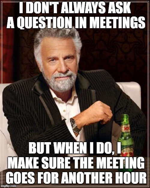The Most Interesting Man In The World Meme | I DON'T ALWAYS ASK A QUESTION IN MEETINGS BUT WHEN I DO, I MAKE SURE THE MEETING GOES FOR ANOTHER HOUR | image tagged in memes,the most interesting man in the world | made w/ Imgflip meme maker