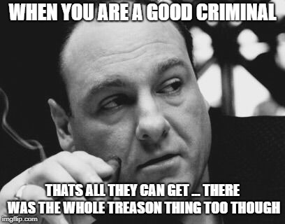 Tony Soprano Admin Gangster | WHEN YOU ARE A GOOD CRIMINAL THATS ALL THEY CAN GET ... THERE WAS THE WHOLE TREASON THING TOO THOUGH | image tagged in tony soprano admin gangster | made w/ Imgflip meme maker