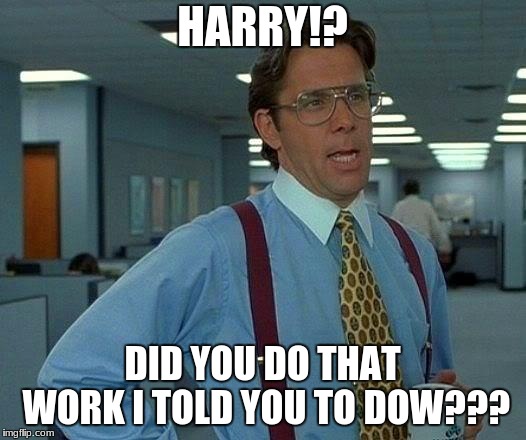 That Would Be Great | HARRY!? DID YOU DO THAT WORK I TOLD YOU TO DOW??? | image tagged in memes,that would be great | made w/ Imgflip meme maker