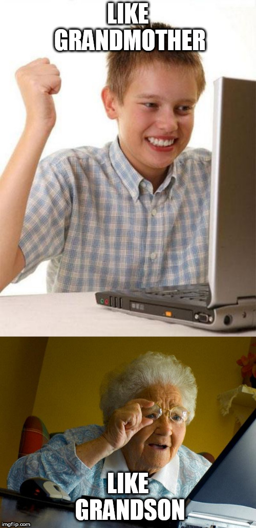 Yes? No? | LIKE GRANDMOTHER; LIKE GRANDSON | image tagged in memes,grandma finds the internet,first day on the internet kid,internet | made w/ Imgflip meme maker