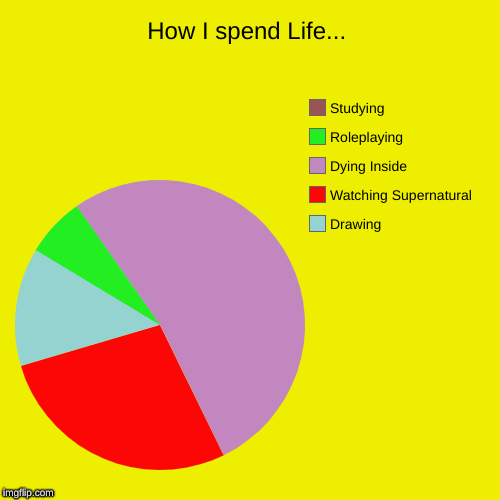 How I spend Life... | Drawing, Watching Supernatural, Dying Inside, Roleplaying, Studying | image tagged in funny,pie charts | made w/ Imgflip chart maker