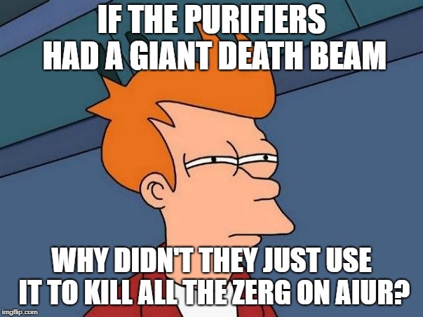 Not sure if- fry | IF THE PURIFIERS HAD A GIANT DEATH BEAM; WHY DIDN'T THEY JUST USE IT TO KILL ALL THE ZERG ON AIUR? | image tagged in not sure if- fry | made w/ Imgflip meme maker