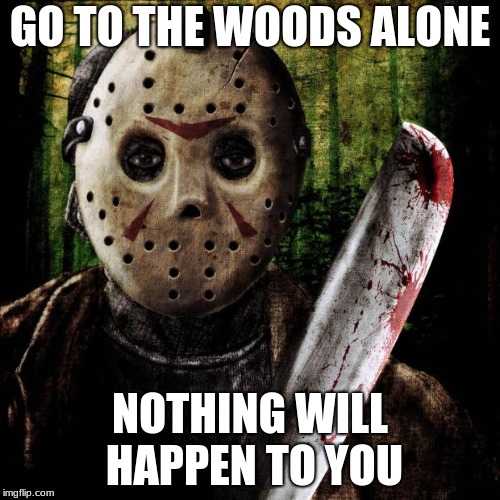 Jason Voorhees | GO TO THE WOODS ALONE; NOTHING WILL HAPPEN TO YOU | image tagged in jason voorhees | made w/ Imgflip meme maker