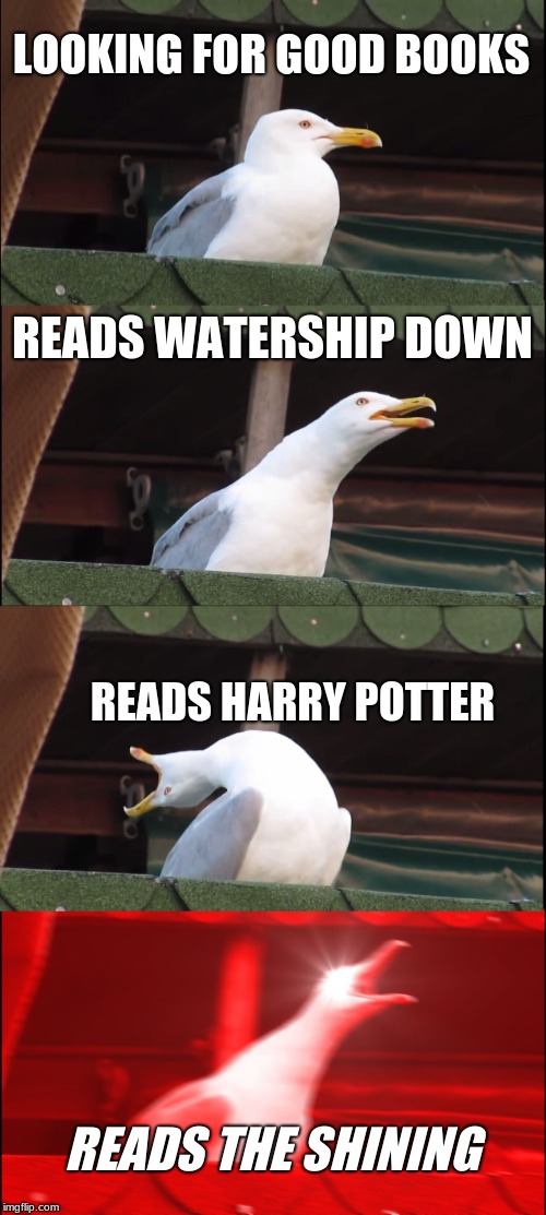 Inhaling Seagull Meme | LOOKING FOR GOOD BOOKS; READS WATERSHIP DOWN; READS HARRY POTTER; READS THE SHINING | image tagged in memes,inhaling seagull | made w/ Imgflip meme maker
