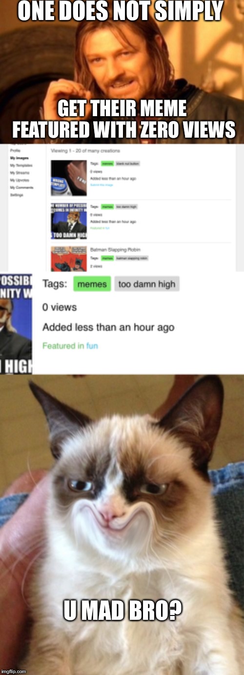 U Mad? | ONE DOES NOT SIMPLY; GET THEIR MEME FEATURED WITH ZERO VIEWS; U MAD BRO? | image tagged in memes,one does not simply,grumpy cat happy | made w/ Imgflip meme maker