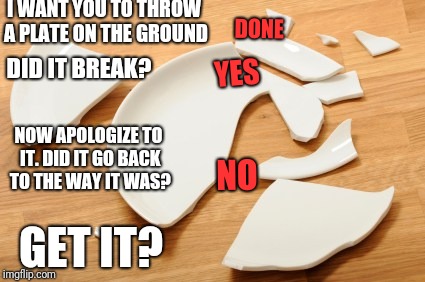 Words are like bullets, once they are fired you can't take them back | DONE; I WANT YOU TO THROW A PLATE ON THE GROUND; DID IT BREAK? YES; NOW APOLOGIZE TO IT. DID IT GO BACK TO THE WAY IT WAS? NO; GET IT? | image tagged in broken | made w/ Imgflip meme maker